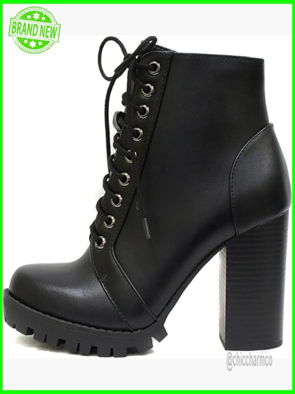 Fashion Lace Up Combat Ankle Boot with Stacked Heel Side Zipper